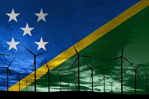 Solomon Islands flag wind farm at sunset, sustainable development, renewable energy Wind Turbines
