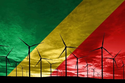 Republic of the Congo flag wind farm at sunset, sustainable development, renewable energy Wind