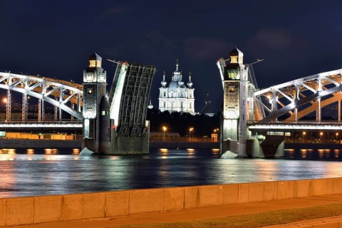 Smolniy cathedral and movable bridge in St-Petersburg, Russia. White Night view