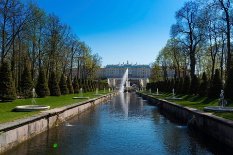 The Grand Palace And Grand Cascade In Peterhof, Saint Petersburg, Russia, Europe