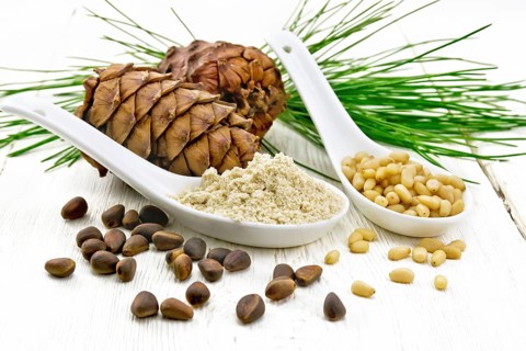 Cedar flour and peeled nuts in two spoons, two cones, a green cedar branch on a wooden board