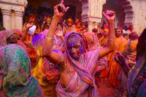 Widows celebrating Holi festival Gopinath temple, Uttar Pradesh, India, Asia