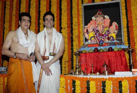 Bollywood actor Jeetendra with his son and actor Tusshar Kapoor during the Ganesh Chaturthi