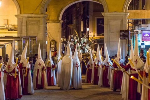Hooded brothers, Holy Week in the Plaza Major, Holy Thursday procession, Palma, Mallorca, Balearic