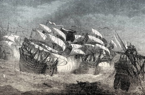 Sir Francis Drake attacking the Spanish Armada, 1588, From British Battles on Land and Sea, by