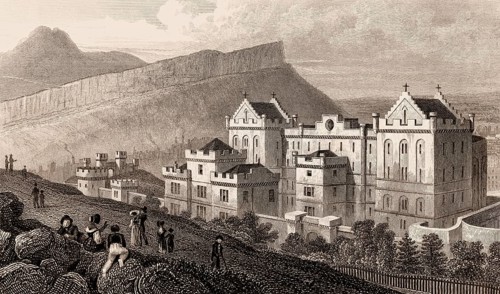 The new Bridewell, Salisbury Crags, and Arthur's Seat from Calton Hill, Edinburgh, Scotland, 19th
