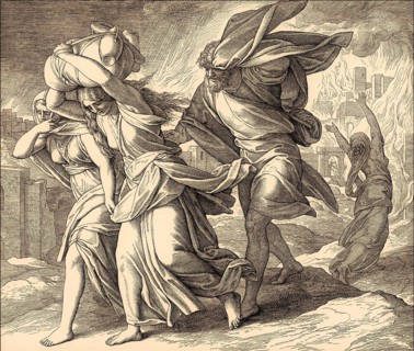 Lot and his family fleeing from burning Sodom and Gomorrah, Old Testament, by Julius Schnorr von