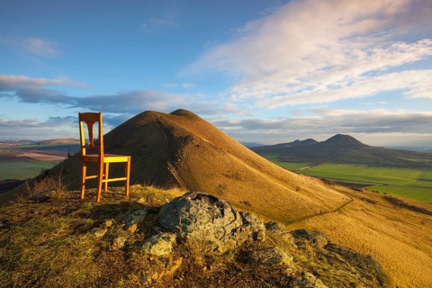 View from the top of Rana hill at sunrise. Autumn scenery in Central Bohemian Highlands, Czech