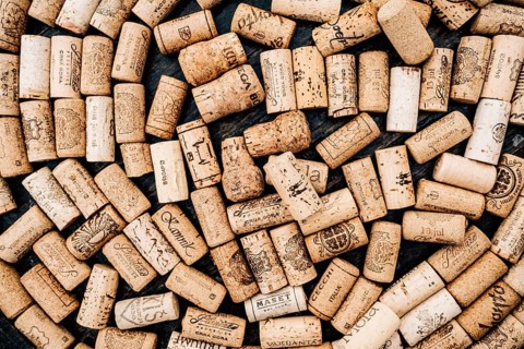 Budva, Montenegro - 21 august 2020: Close-up of collection of wine bottle corks with lettering