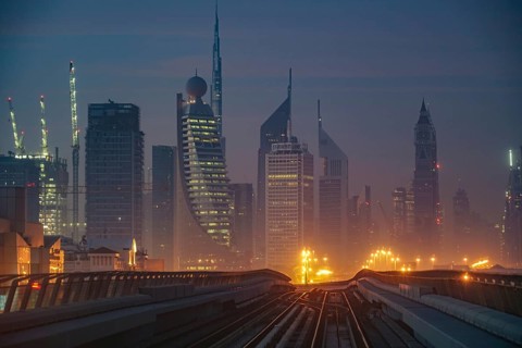 Dubai sunrise landscape (from the United Arab Emirates Dubai Metro). Shooting Location: Dubai