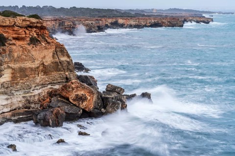Rough waves on the coast of Cala Pi and S Estalella, Llucmajor, Majorca, Balearic Islands, Spain,