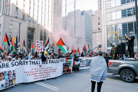 Toronto, Canada - 28 October 2023: Anti-war march in Toronto by Palestinians against Israel's