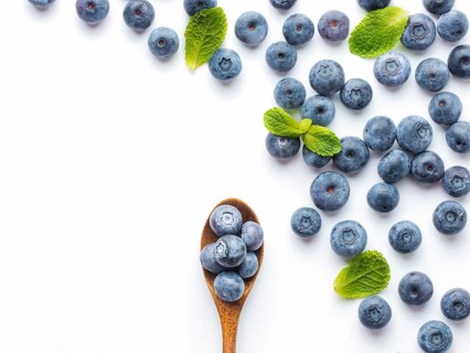 Blueberries isolated on white background. Blueberry border design. Ripe and juicy fresh picked