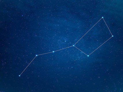 Really north sky with Big Dipper Constellation with lines. Ursa Major or The Great Bear at starry