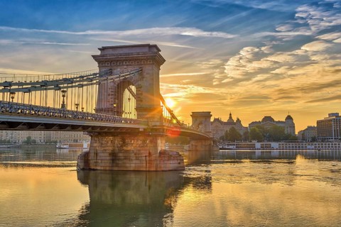 Budapest sunrise city skyline at Budapest Chain Bridge and Danube River, Budapest, Hungary, Europe