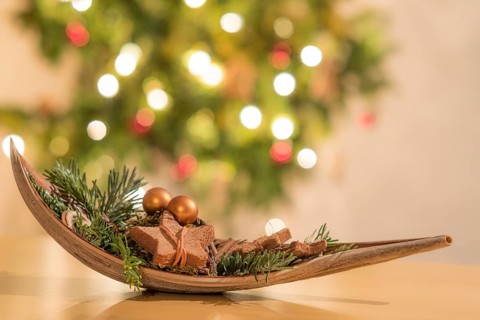 Christmas decoration in a nutshell in front of a Christmas tree with burning lights