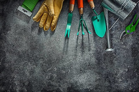 Garden Tools On Dark Gray Background Flatlay Free Space