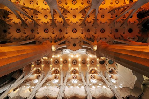 Barcelona, Spain - 15 December 2019: Sagrada Familia interiors - columns, vaults, stained glass and