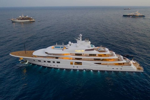 Aerial view of 104 metre motor yacht QUANTUM BLUE, delivered in 2014 by the German shipyard Lürssen