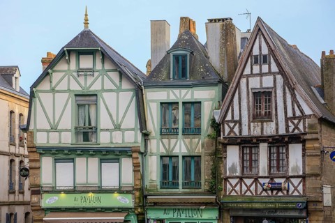 Three half-timbered houses on the Place de la Republique, Auray, Morbihan department, Bretagne