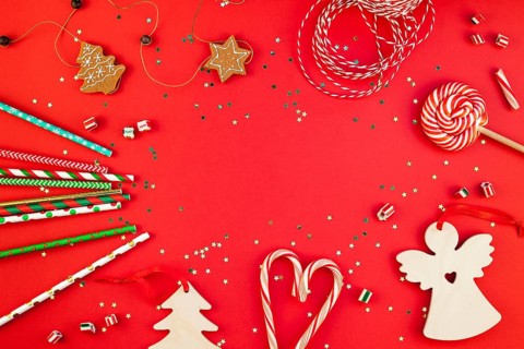 New Year or Christmas decoration flat lay top view Xmas holiday celebration handmade decor wooden