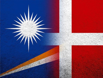 The Kingdom of Denmark National flag with the Republic of the Marshall Islands National flag.