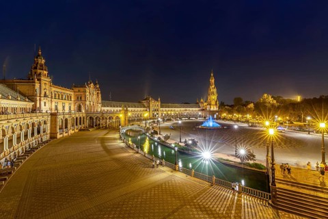 Plaza de Espana in Seville, Andalusia, Spain at night. Night at the Plaza de Espana in Seville,