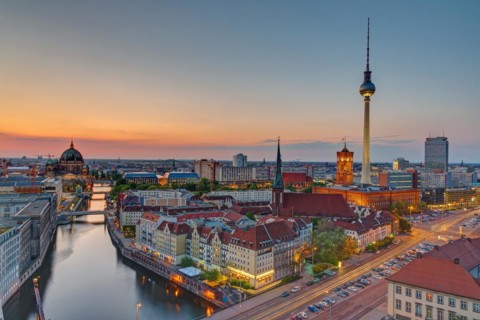 Sunset over downtown Berlin with the famous TV tower