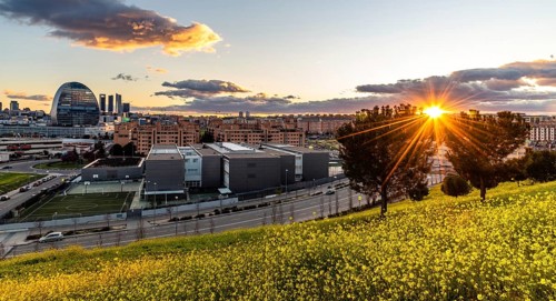 Madrid, Spain, March 7, 2020: Panoramic view of the skyline of Madrid from hill covered with yellow