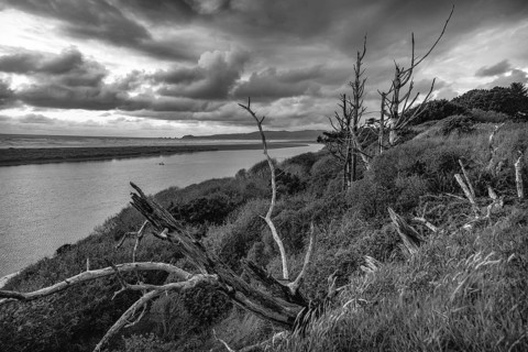 A black and white image of the Mad River in Northern California