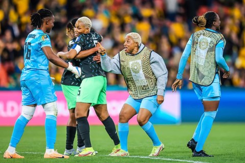 BRISBANE, AUSTRALIA, JULY 27: Nigeria team celebrate beating Australia at the FIFA Women's World