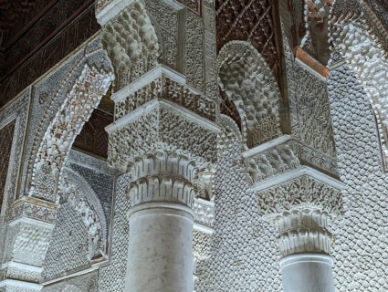 MARRAKECH, MOROCCO, APRIL 19, 2023, Oriental decoration of the famous Saadian tombs in the center