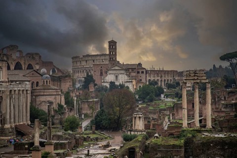 Rainy weather in the morning, sunrise in an old historic city. Beautiful details and historic Roman