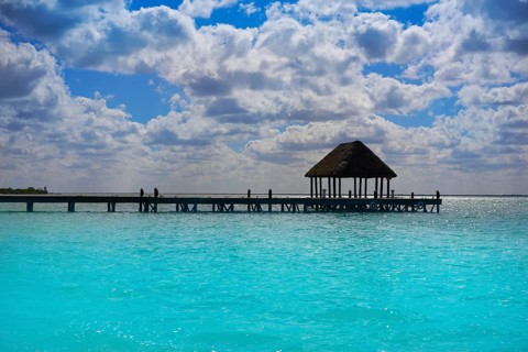 Holbox Island beach wooden pier hut in Quintana Roo of Mexico