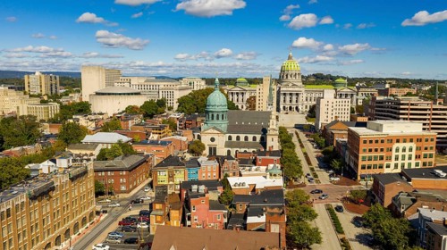 Early Morning light hits the buildings and downtown city center area in Pennsylvania state capital