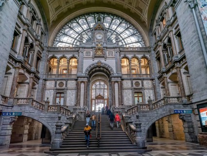 Interior view of the opulent old terminus station Antwerp-Centraal, Antwerp, Flanders, Belgium,