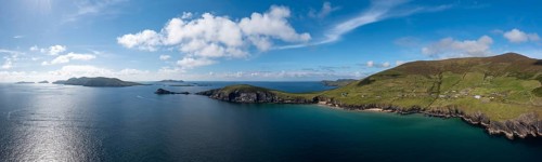 Aerial panorama view of Slea Head and the Dingle Peninsula in County Kerry of western Ireland