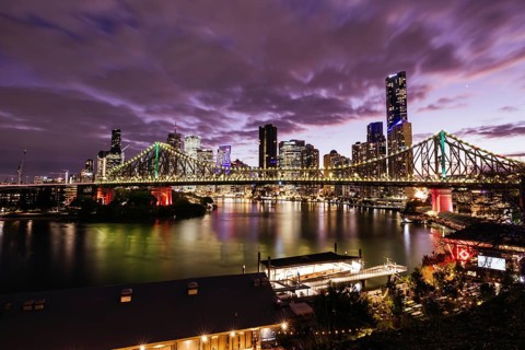 BRISBANE, AUSTRALIA, JULY 27, 2023: Brisbane skyline and Story Bridge from the suburb of New Farm