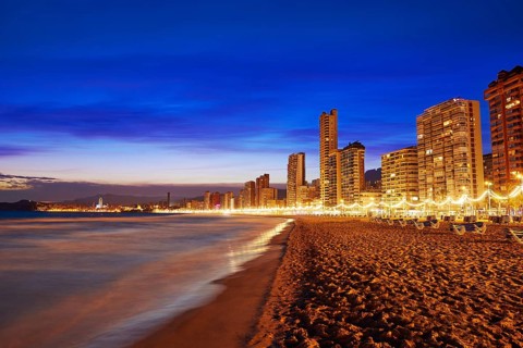 Benidorm skyline at sunset beach in Alicante of Apain