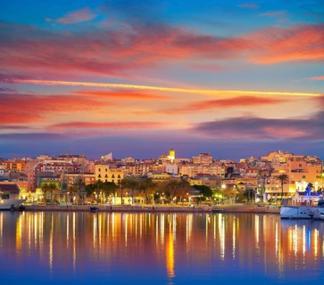 Tarragona port sunset with sea reflection in Catalonia