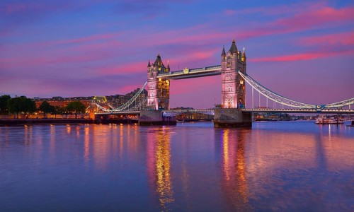 London Tower Bridge sunset on Thames river in England