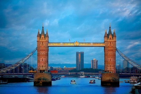 London Tower Bridge sunset on Thames river in England