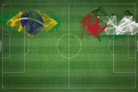 Brazil vs Palestine Soccer Match, national colors, national flags, soccer field, football game,