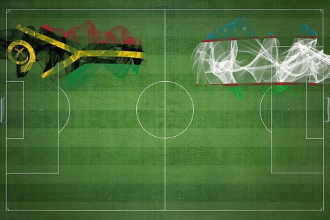 Vanuatu vs Uzbekistan Soccer Match, national colors, national flags, soccer field, football game,