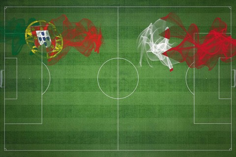 Portugal vs Bahrain Soccer Match, national colors, national flags, soccer field, football game,