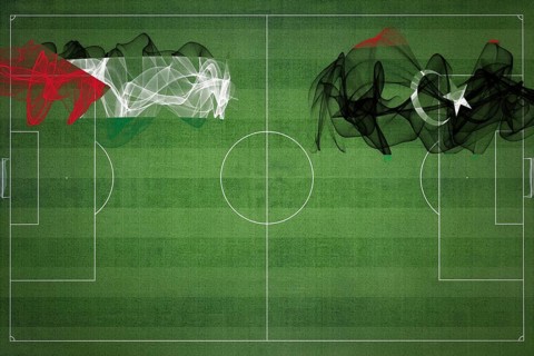 Palestine vs Libya Soccer Match, national colors, national flags, soccer field, football game,