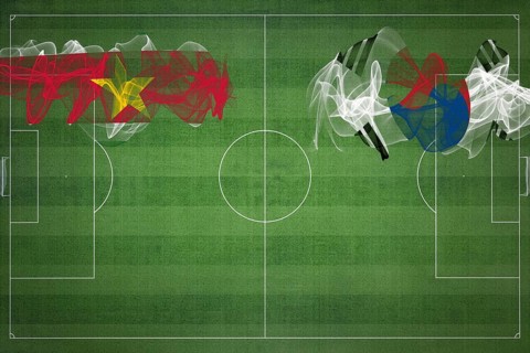 Suriname vs South Korea Soccer Match, national colors, national flags, soccer field, football game,