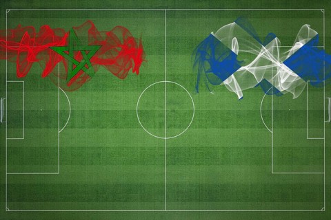 Morocco vs Scotland Soccer Match, national colors, national flags, soccer field, football game,