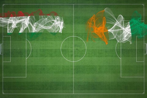 Hungary vs Ivory Coast Soccer Match, national colors, national flags, soccer field, football game,