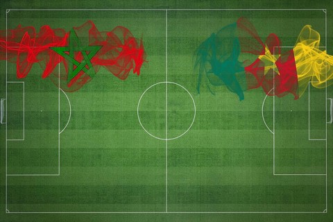 Morocco vs Cameroon Soccer Match, national colors, national flags, soccer field, football game,